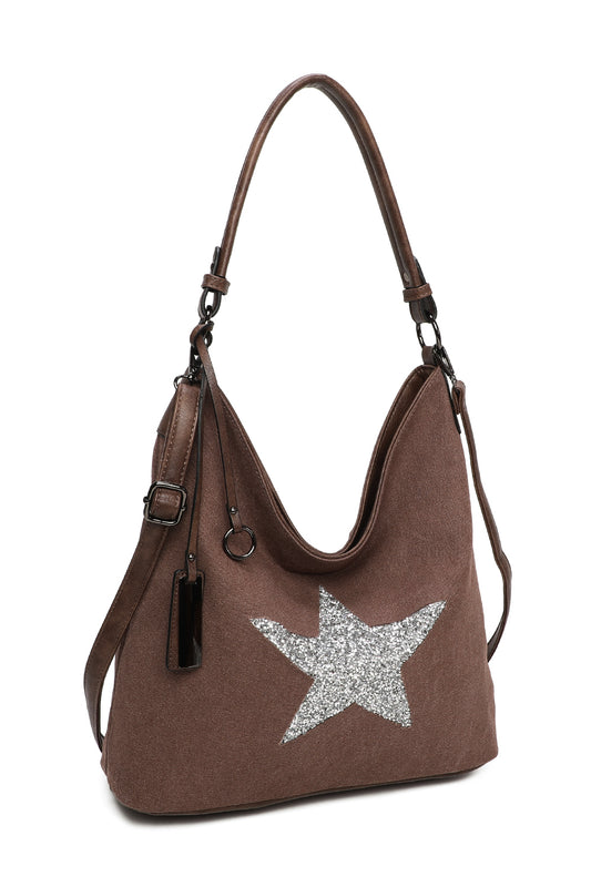 RX170147-W  Canvas Tote Bag With Glitter Star Patterned