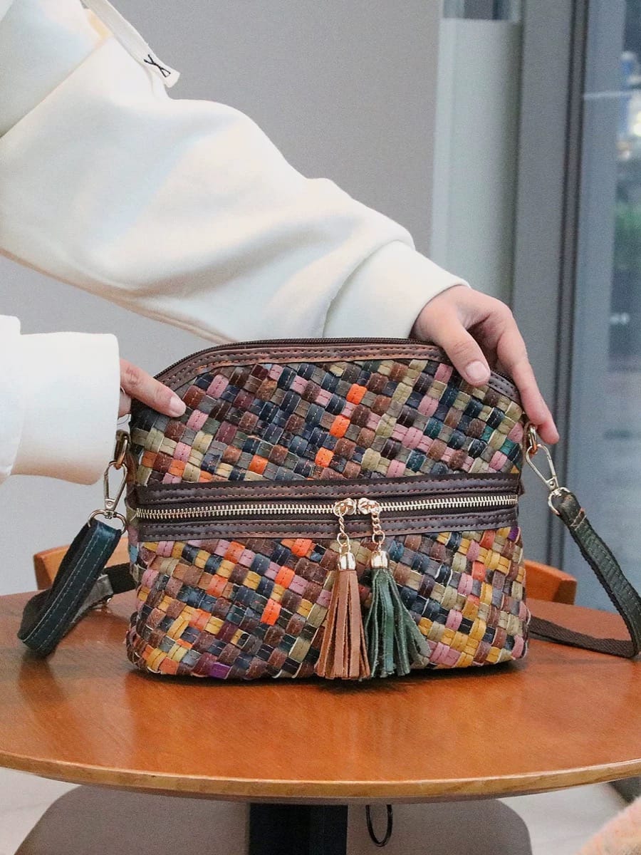 A88-5-Multi Colour Plait Patterned woven Real Leather Cross-Body Bag (patchwork style)