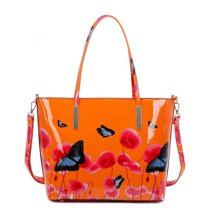 Rj171056  Patent Poppy Flower & Butterfly Patterned Tote Bag