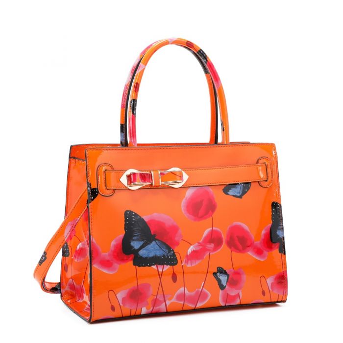 RJ150355-PB  Patent Poppy & Butterfly Patterned Top-Handle Bag With Ribbon Belt Details