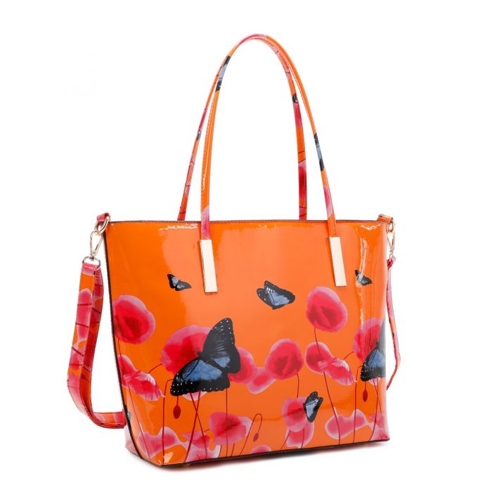 Rj171056  Patent Poppy Flower & Butterfly Patterned Tote Bag