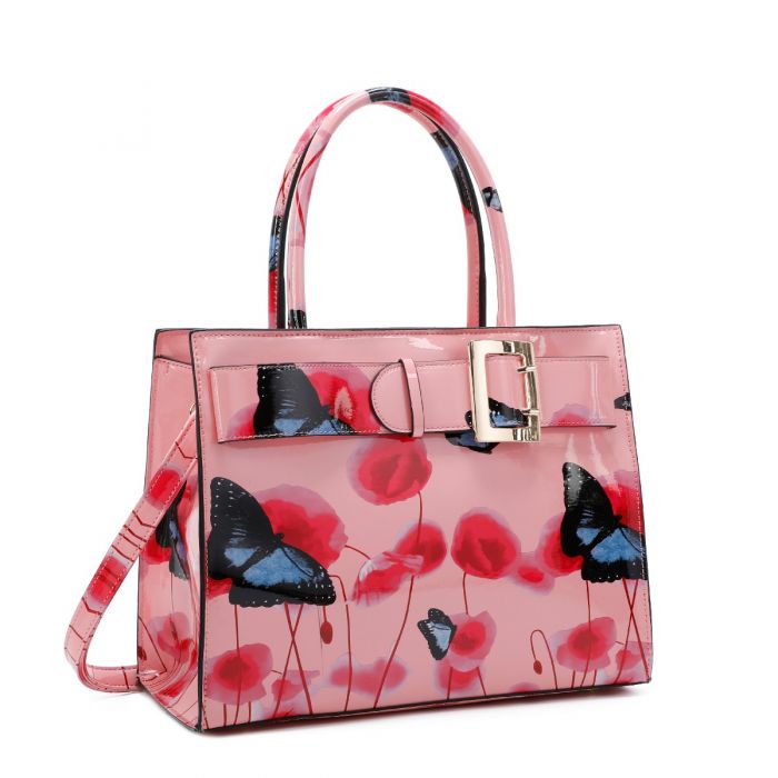 RJ180801-PB  Patent Poppy Flower & Butterfly Print With Belt Detail Top-Handle Bag With Purse Set