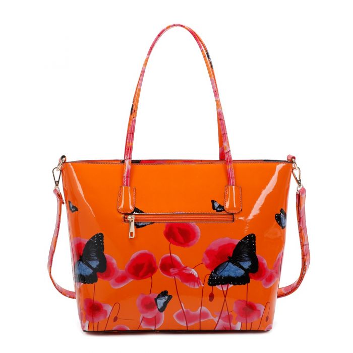 Rj171056  Patent Poppy Flower & Butterfly Patterned Tote Bag