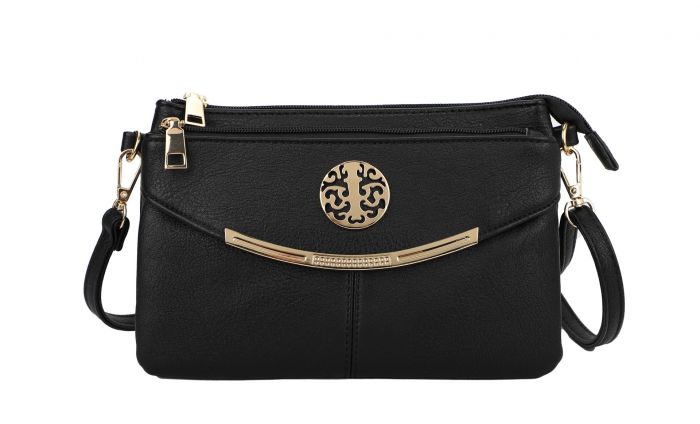 RB15111  Multi Zip Compartments Clutch Bag With Metal Gold Badge