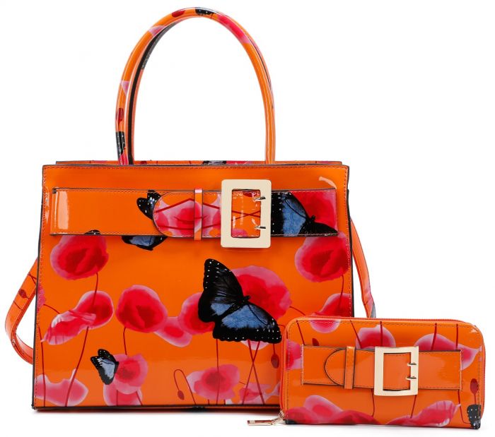 RJ180801-PB  Patent Poppy Flower & Butterfly Print With Belt Detail Top-Handle Bag With Purse Set