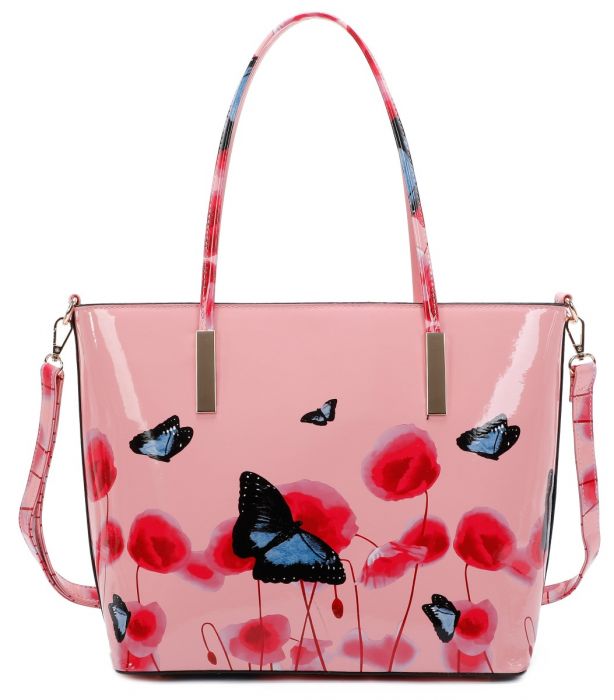 Rj171056  Patent Poppy Flower & Butterfly Patterned Tote Bag