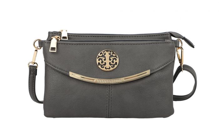 RB15111  Multi Zip Compartments Clutch Bag With Metal Gold Badge