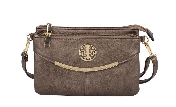 RB15111  Multi Zip Compartments Clutch Bag With Metal Gold Badge