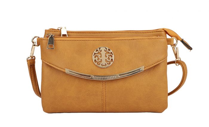 RB15111  Multi Zip Compartments Clutch Bag With Metal Gold Badge