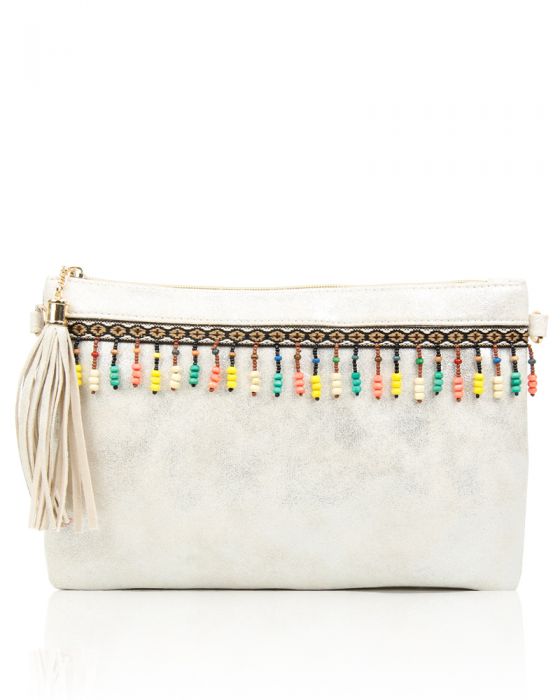 P1703-M  Traditional Style Clutch Bag With Tassel & Beads Detail