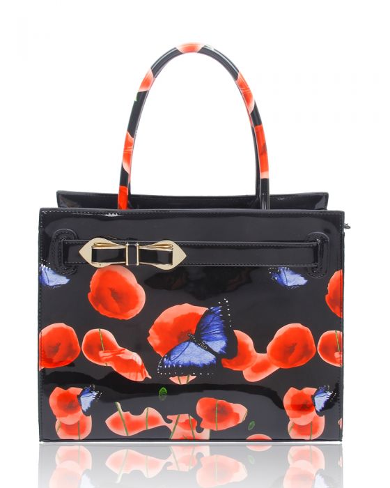RJ150355-PB  Patent Poppy & Butterfly Patterned Top-Handle Bag With Ribbon Belt Details