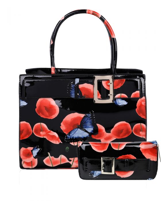 RJ180801-PB  Patent Poppy Flower & Butterfly Print With Belt Detail Top-Handle Bag With Purse Set