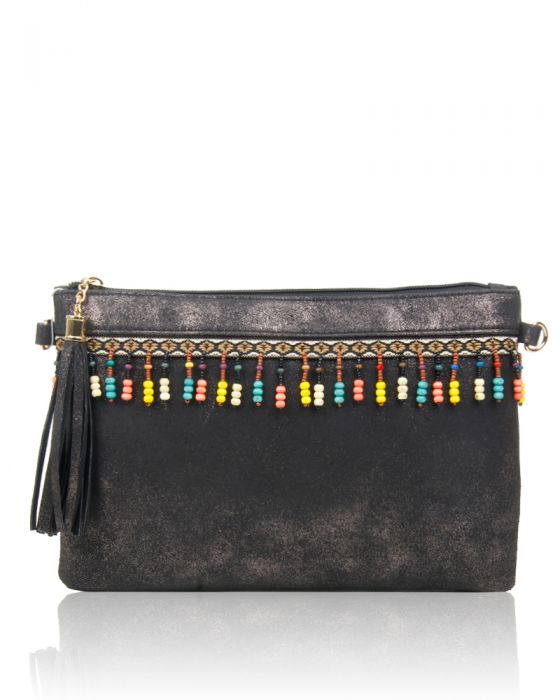 P1703-M  Traditional Style Clutch Bag With Tassel & Beads Detail