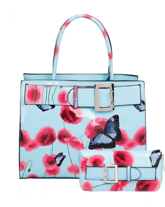 RJ180801-PB  Patent Poppy Flower & Butterfly Print With Belt Detail Top-Handle Bag With Purse Set