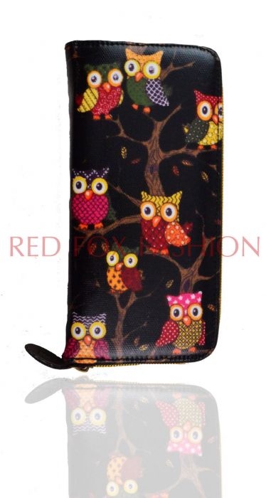 K3-OWL Classic Owl Print Oilcloth Zip Around Purse. Pack of 12pcs.