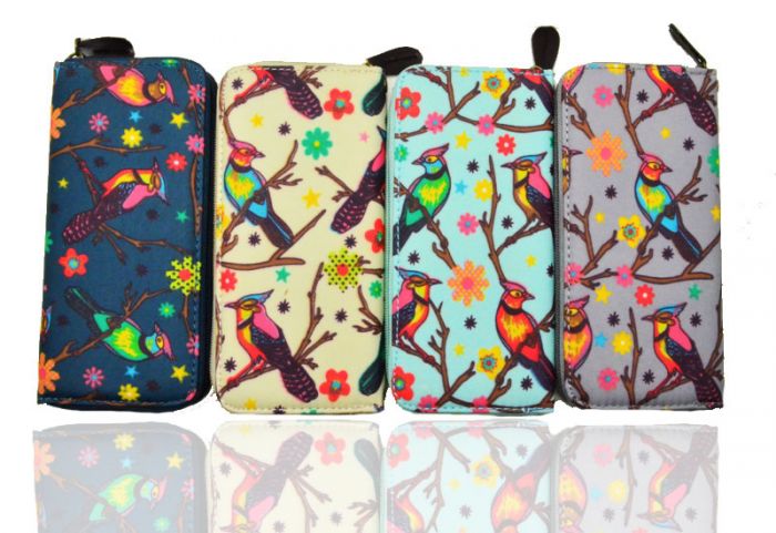 K3-BD Bird Print New TC Material Zip Around Purse. Pack of 12pcs.