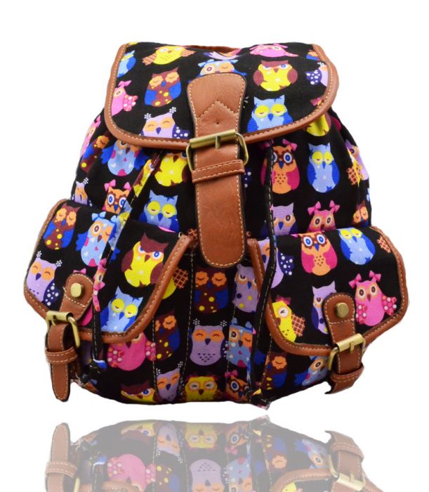 X2428-Owl-1 Print Canvas Backpack Rucksack Bag