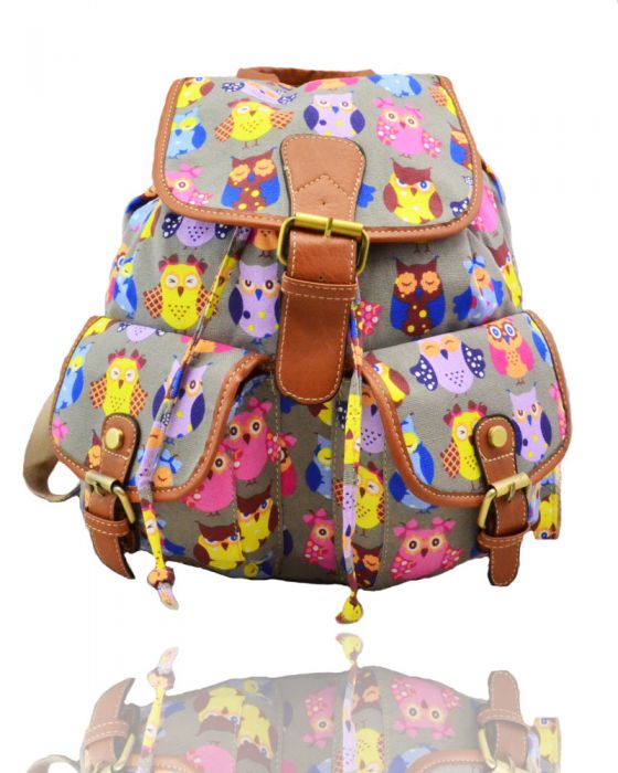 X2428-Owl-1 Print Canvas Backpack Rucksack Bag