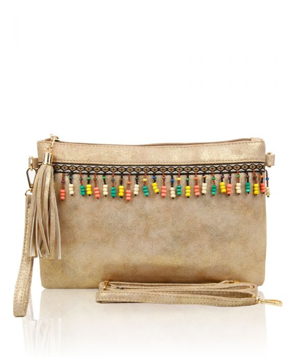 P1703-M  Traditional Style Clutch Bag With Tassel & Beads Detail