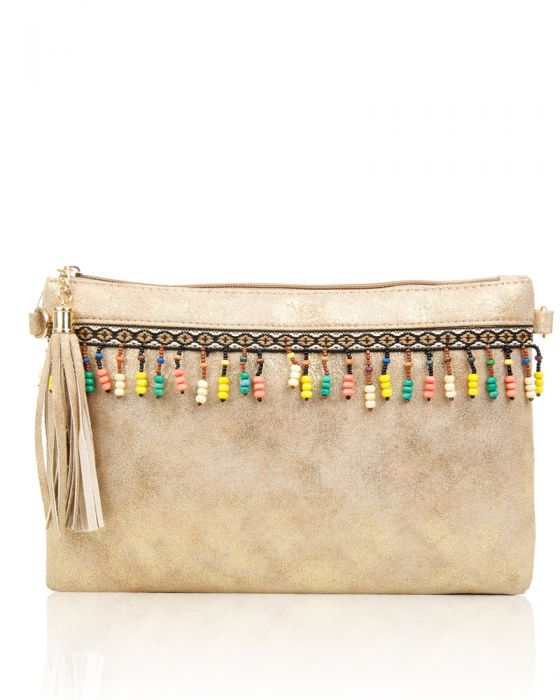 P1703-M  Traditional Style Clutch Bag With Tassel & Beads Detail