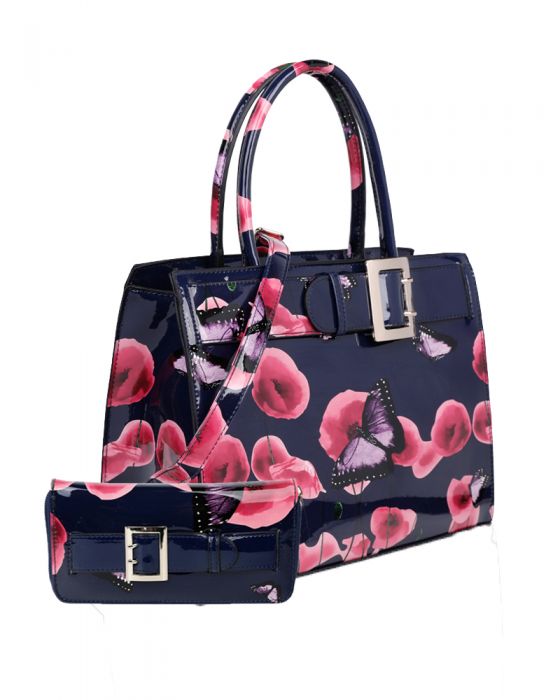 RJ180801-PB  Patent Poppy Flower & Butterfly Print With Belt Detail Top-Handle Bag With Purse Set