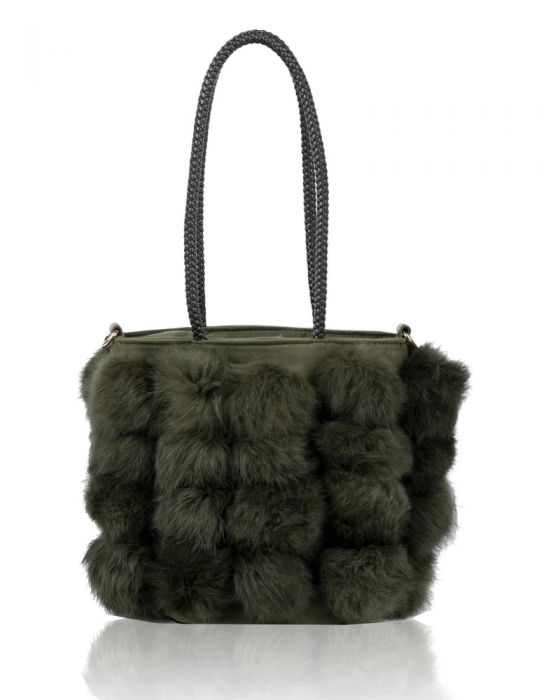 RJ180511  Bucket Shaped Shoulder Bag With Fur Pom-Pom