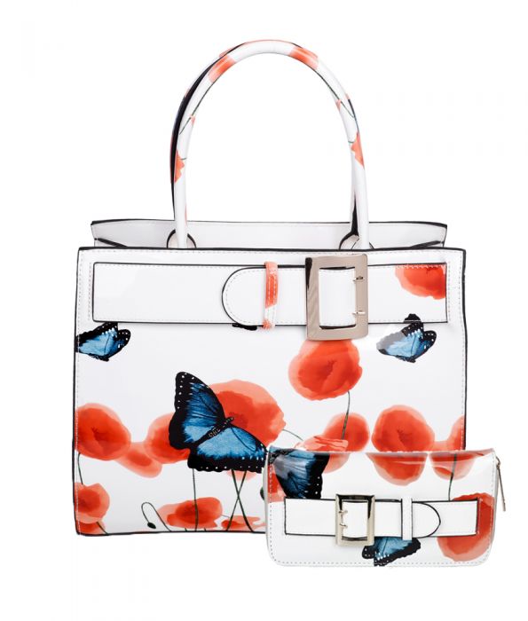 RJ180801-PB  Patent Poppy Flower & Butterfly Print With Belt Detail Top-Handle Bag With Purse Set