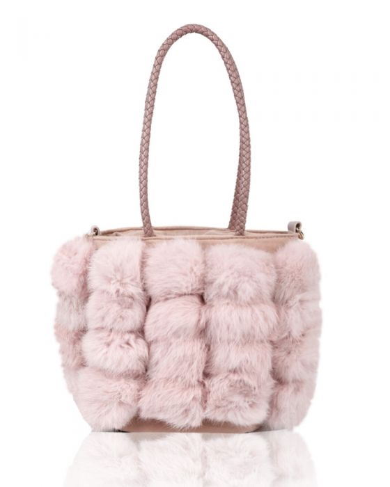 RJ180511  Bucket Shaped Shoulder Bag With Fur Pom-Pom