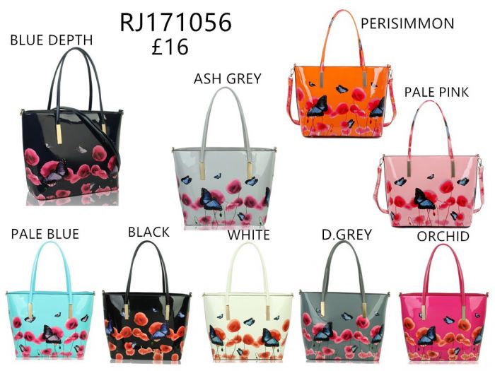 Rj171056 Patent Poppy Flower Butterfly Patterned Tote Bag