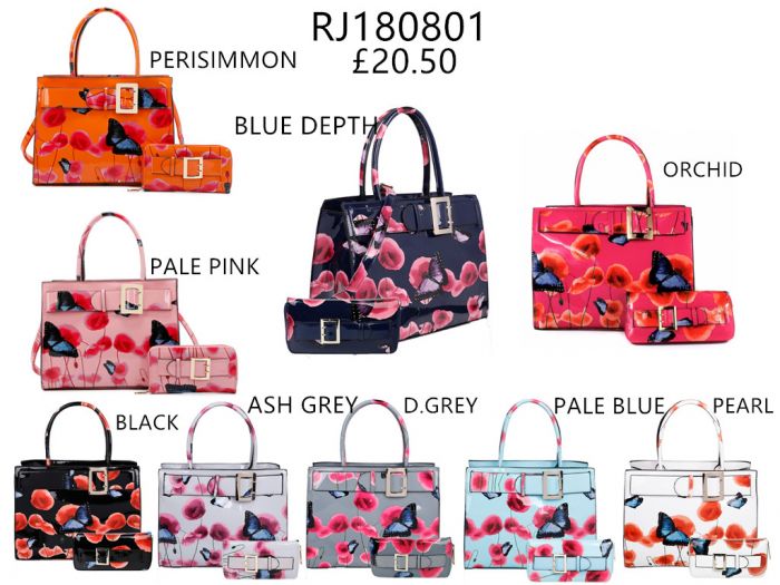 RJ180801-PB  Patent Poppy Flower & Butterfly Print With Belt Detail Top-Handle Bag With Purse Set