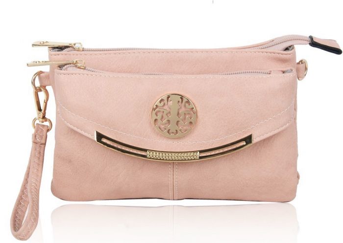 RB15111  Multi Zip Compartments Clutch Bag With Metal Gold Badge